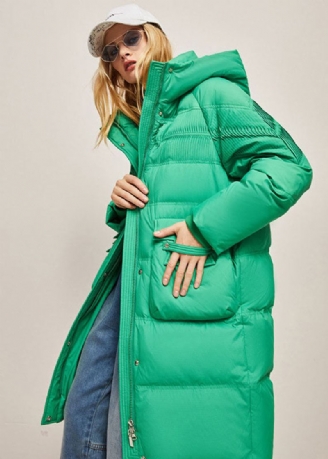 Manteau En Duvet De Canard Solide Froissé À Capuche Vert Ample Hiver