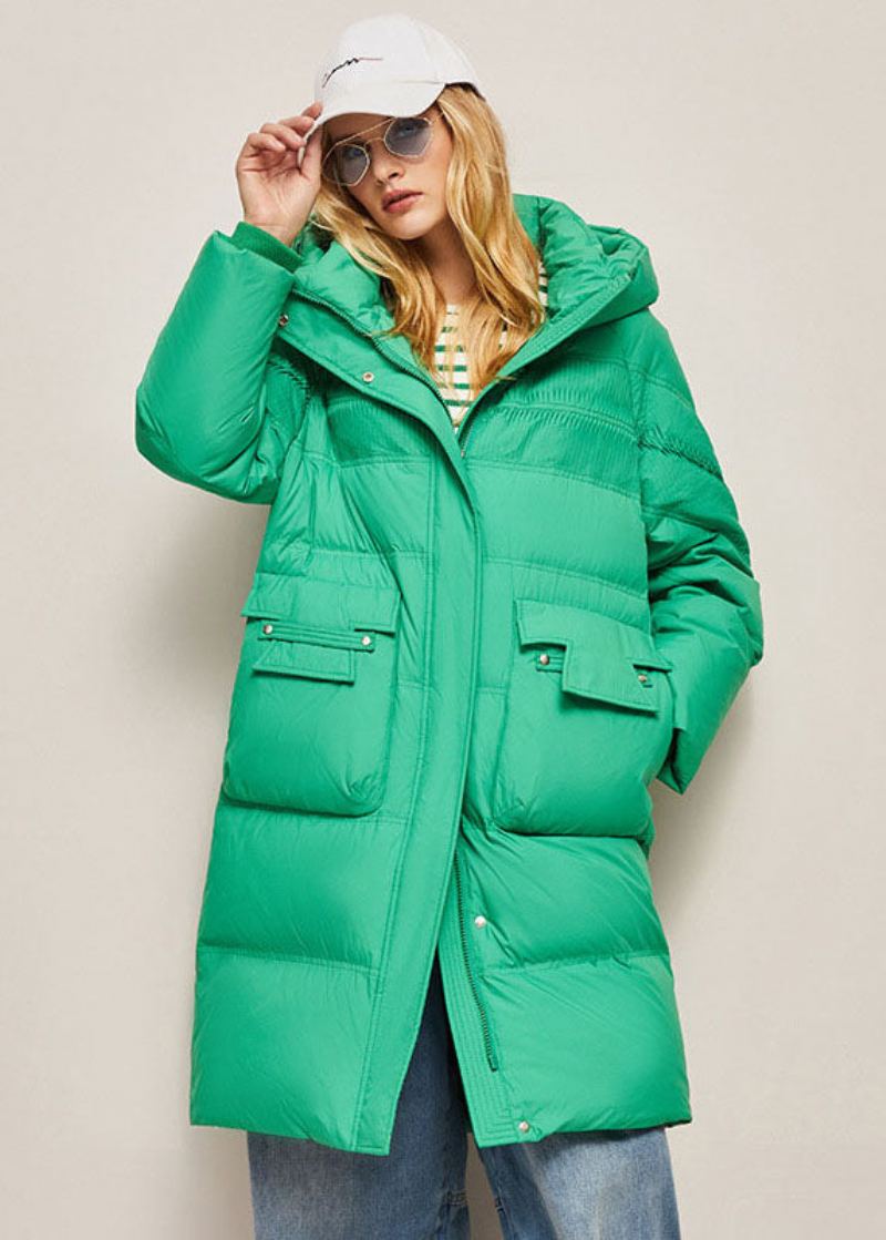 Manteau En Duvet De Canard Solide Froissé À Capuche Vert Ample Hiver - Vert