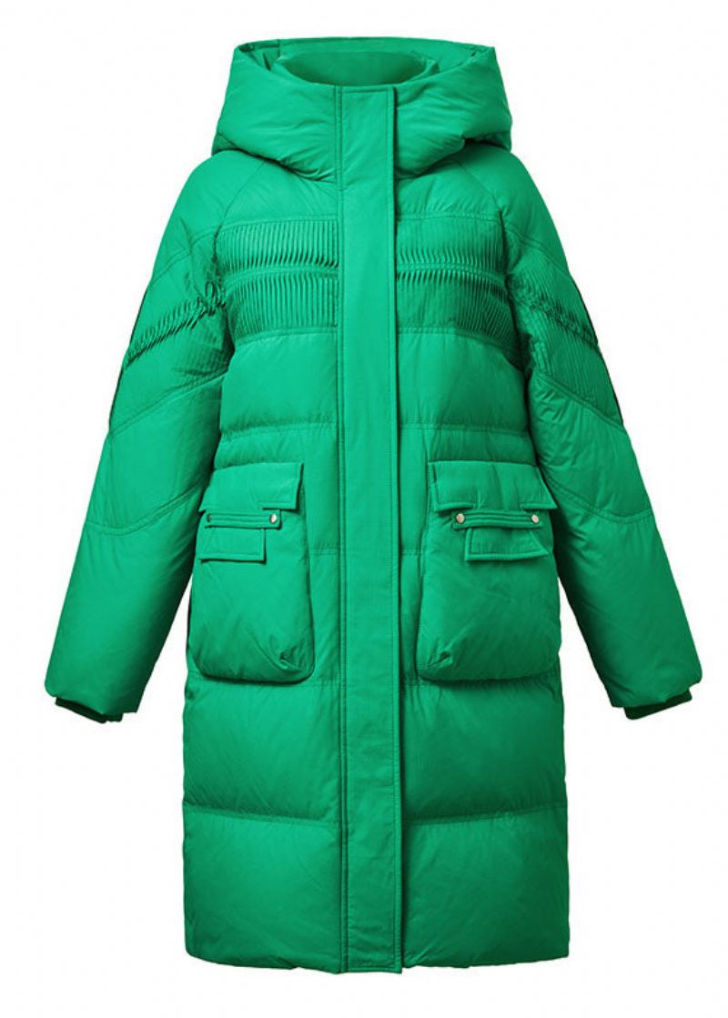 Manteau En Duvet De Canard Solide Froissé À Capuche Vert Ample Hiver - Vert