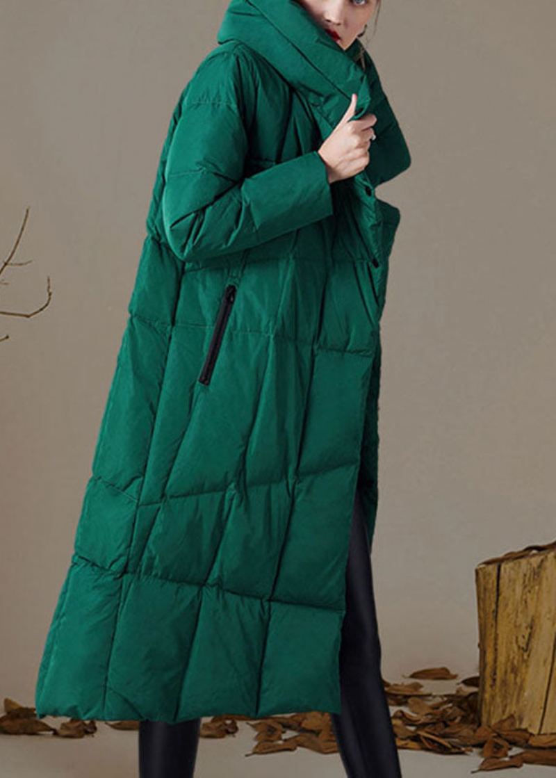 Manteau En Duvet De Canard Vert Biologique Avec Poches Et Col Montant Design Asymétrique Hiver