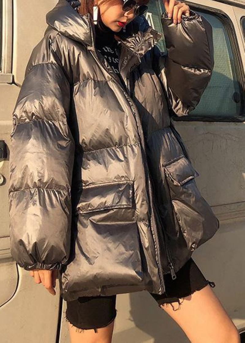 Manteau En Duvet Gris Argent Fin Hiver Grande Taille Parka Femme À Capuche Avec Fermeture Éclair Vêtements D'extérieur Fins D'hiver