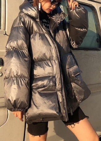 Manteau En Duvet Gris Argent Fin Hiver Grande Taille Parka Femme À Capuche Avec Fermeture Éclair Vêtements D'extérieur Fins D'hiver