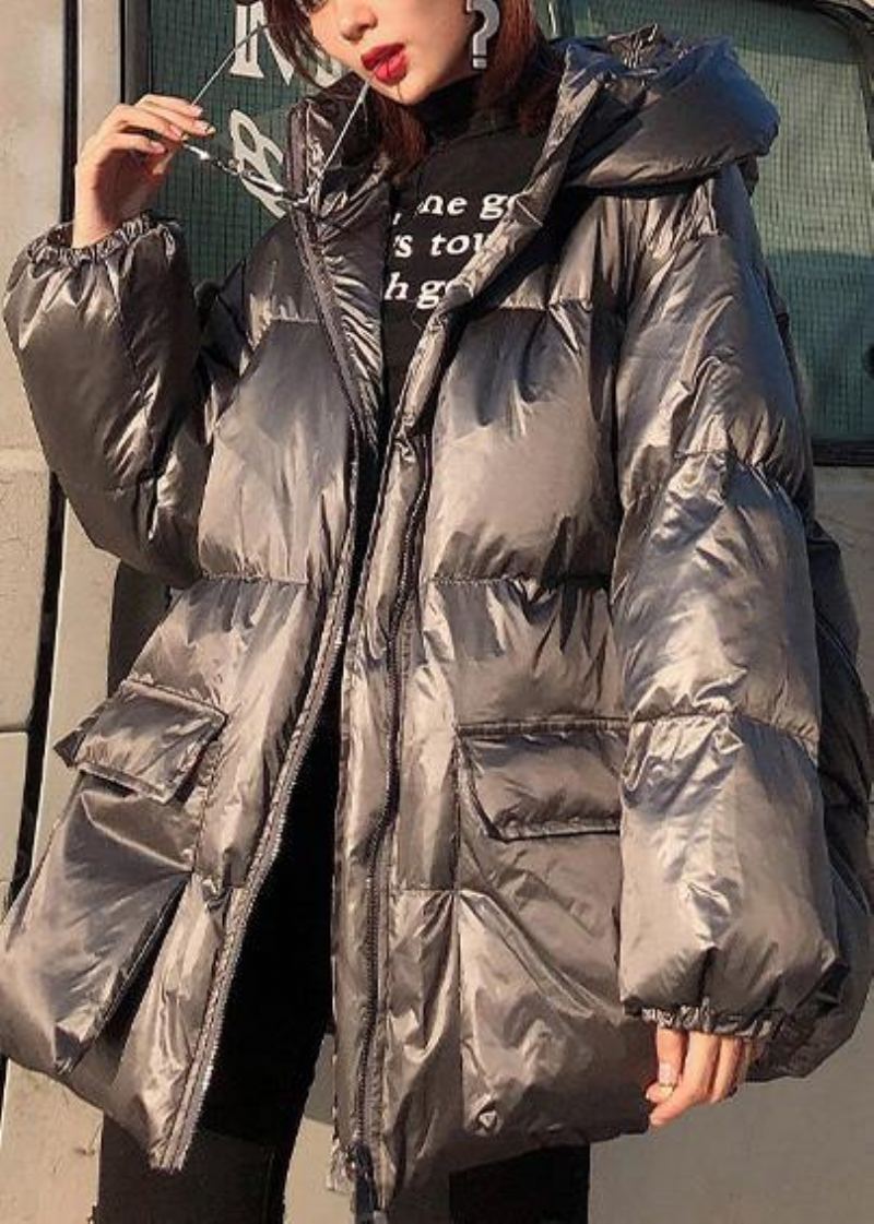 Manteau En Duvet Gris Argent Fin Hiver Grande Taille Parka Femme À Capuche Avec Fermeture Éclair Vêtements D'extérieur Fins D'hiver - Gris Argenté