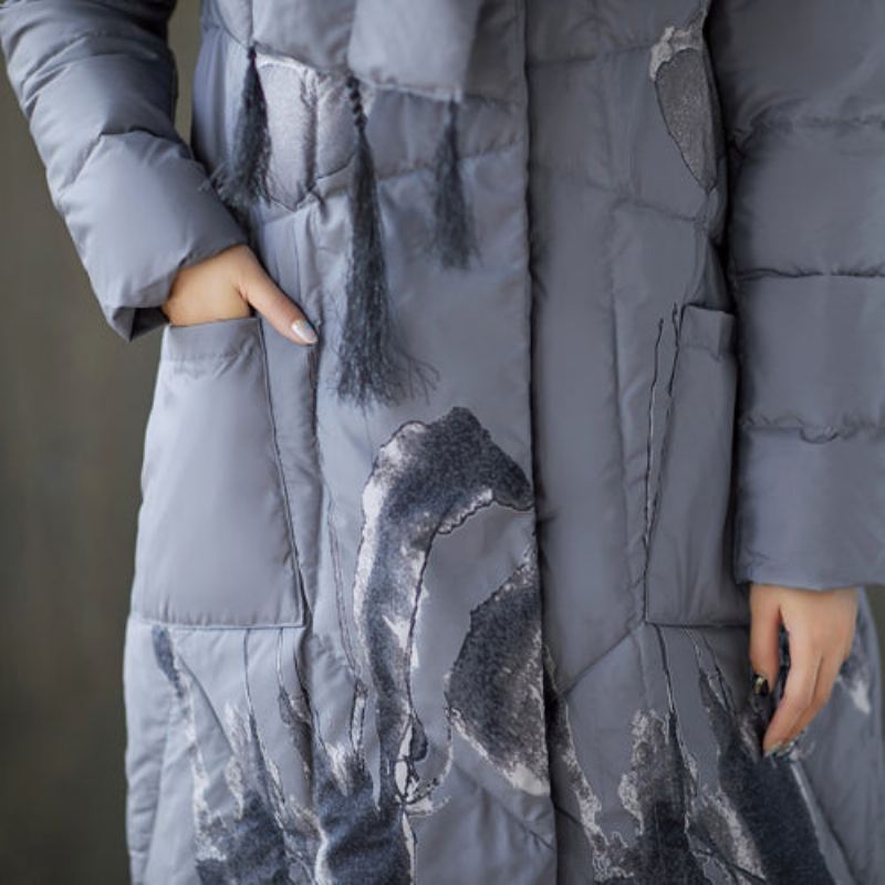 Manteau En Duvet Imprimé Noir Chaud Matelassé À Pompon Surdimensionné En À Poches Fines - Doudounes femmes