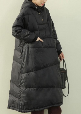 Manteau En Duvet Noir Décontracté Grande Taille Manteaux Boutonnés À Capuche Hiver