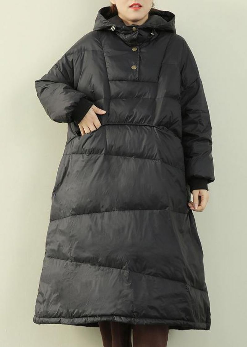 Manteau En Duvet Noir Décontracté Grande Taille Manteaux Boutonnés À Capuche Hiver - Noir