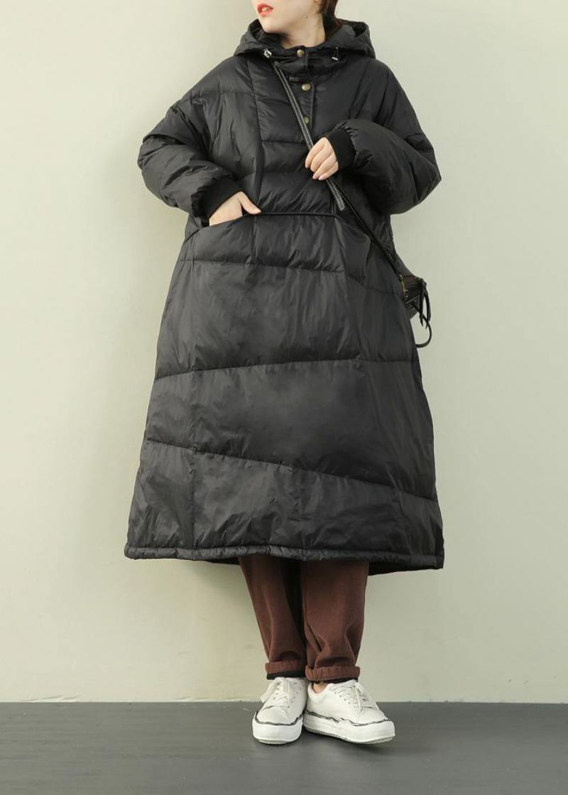 Manteau En Duvet Noir Décontracté Grande Taille Manteaux Boutonnés À Capuche Hiver - Noir