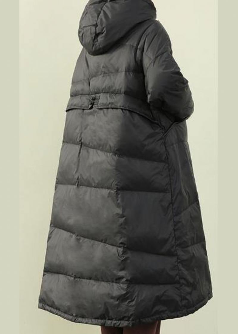 Manteau En Duvet Noir Décontracté Grande Taille Manteaux Boutonnés À Capuche Hiver - Noir