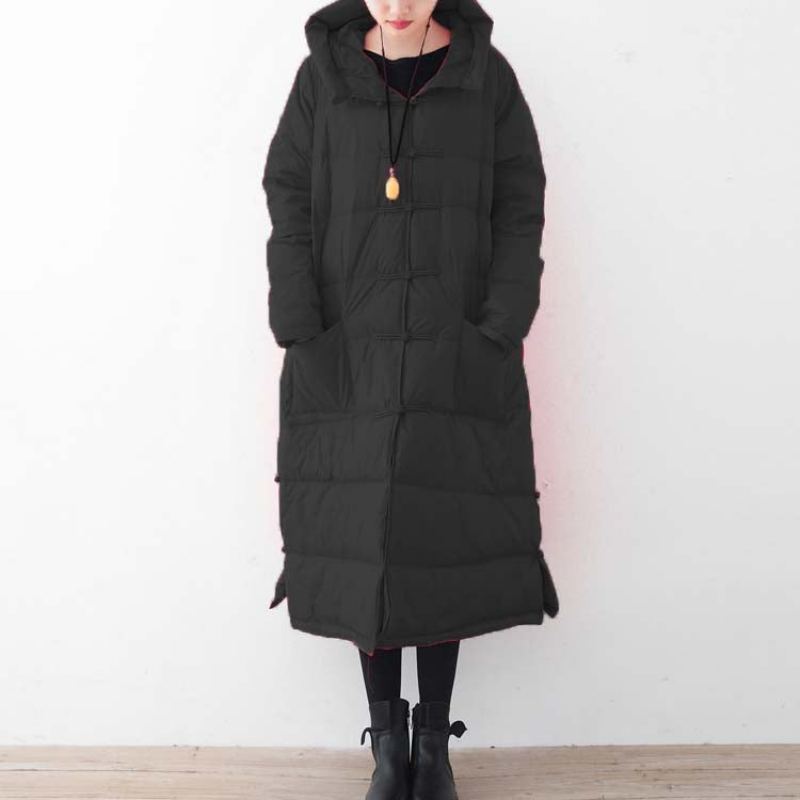 Manteau En Duvet Noir Fin Vestes Bouffantes Surdimensionnées Nouveaux Manteaux À Boutons Chinois À Capuche