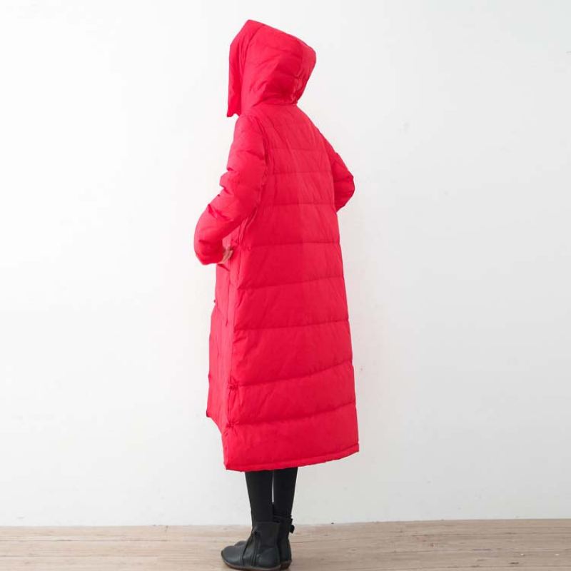 Manteau En Duvet Noir Fin Vestes Bouffantes Surdimensionnées Nouveaux Manteaux À Boutons Chinois À Capuche - Rouge