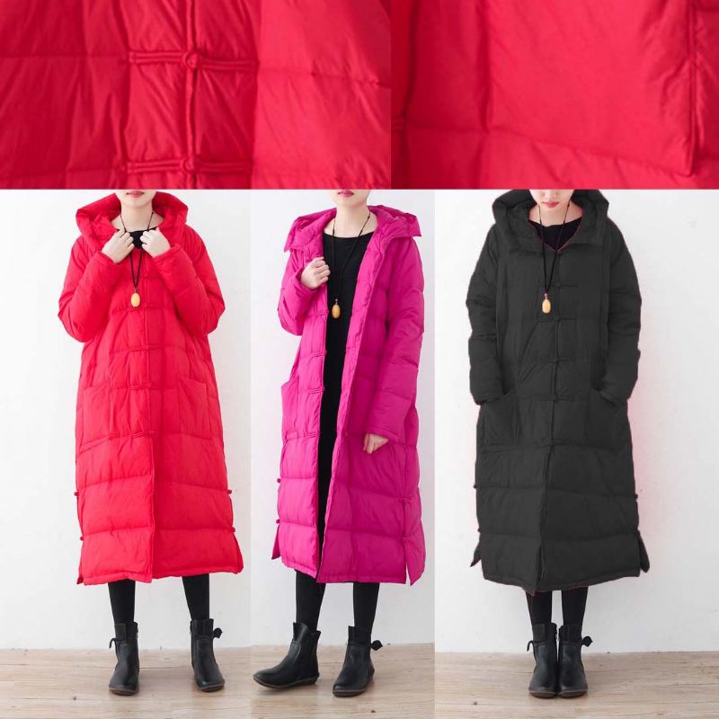 Manteau En Duvet Noir Fin Vestes Bouffantes Surdimensionnées Nouveaux Manteaux À Boutons Chinois À Capuche - Rouge