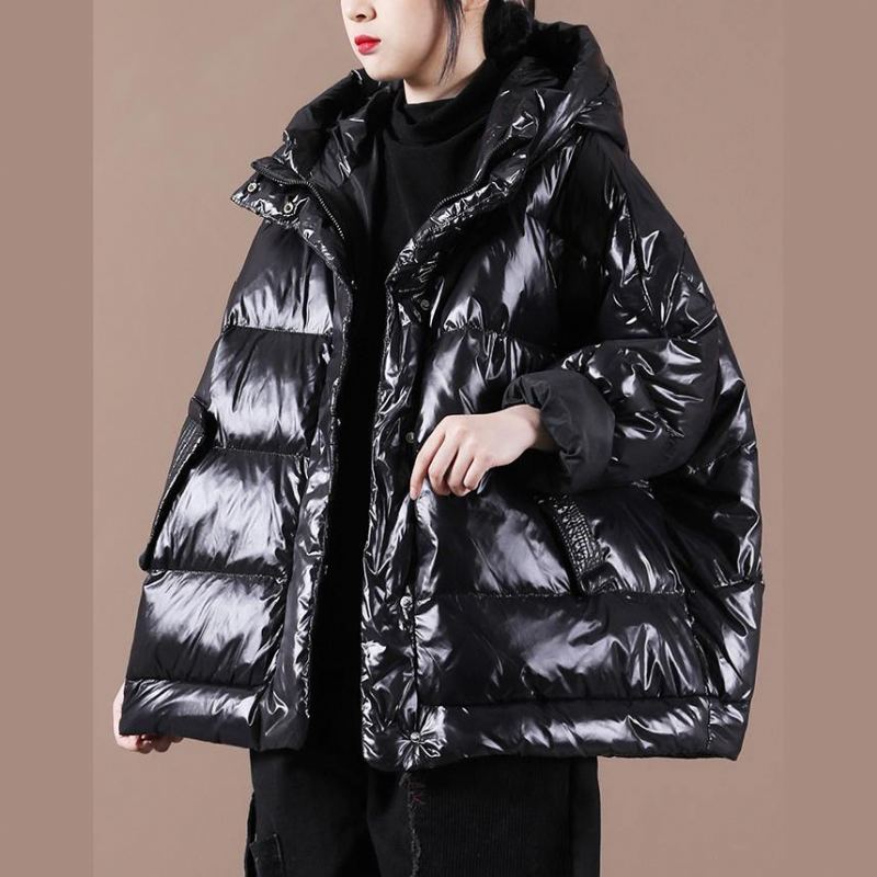 Manteau En Duvet Noir De Luxe Hiver Doudoune Ample À Capuche Manteaux Chauds À Fermeture Éclair - Noir