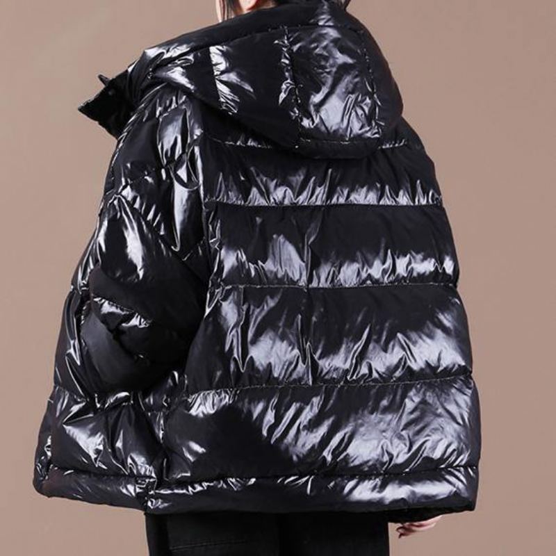 Manteau En Duvet Noir De Luxe Hiver Doudoune Ample À Capuche Manteaux Chauds À Fermeture Éclair - Noir