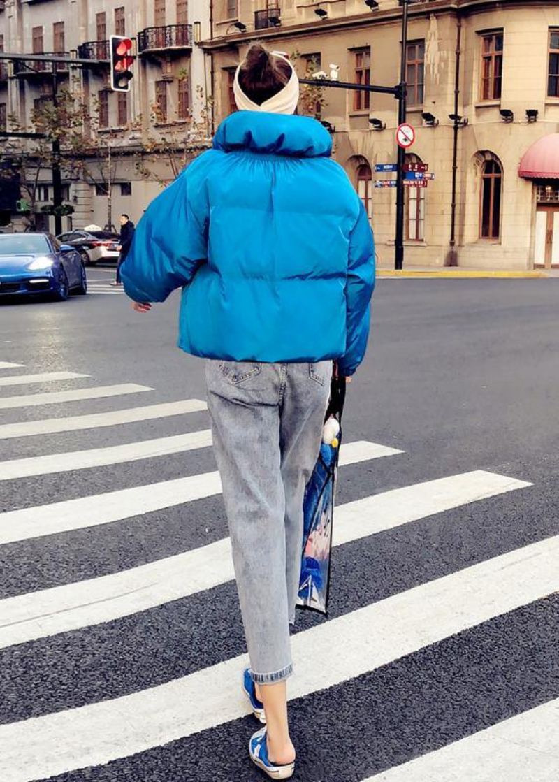 Manteau En Duvet D'oie Bleu Fin Vêtements Grande Taille Vestes De Neige Col Montant Grandes Poches Fines - Bleu