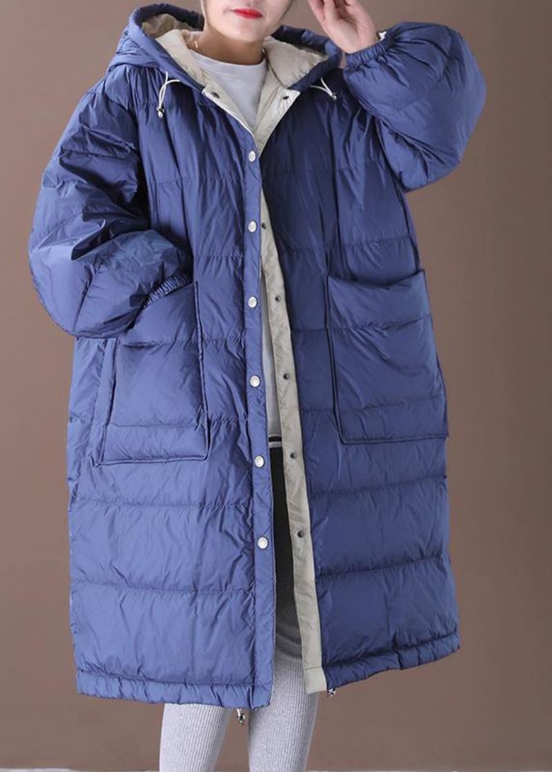 Manteau En Duvet D'oie Bleu Fin Vêtements Grande Taille Vestes De Neige Poches À Capuche De Luxe