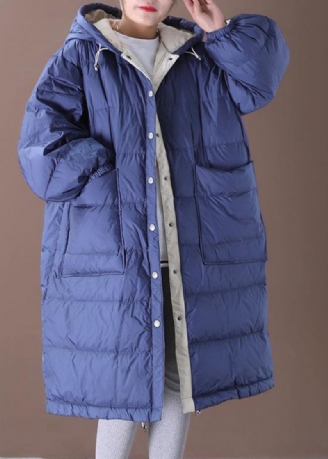 Manteau En Duvet D'oie Bleu Fin Vêtements Grande Taille Vestes De Neige Poches À Capuche De Luxe