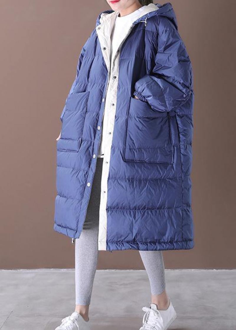 Manteau En Duvet D'oie Bleu Fin Vêtements Grande Taille Vestes De Neige Poches À Capuche De Luxe - Doudounes femmes