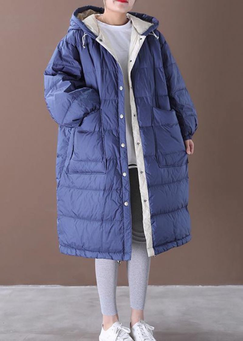 Manteau En Duvet D'oie Bleu Fin Vêtements Grande Taille Vestes De Neige Poches À Capuche De Luxe - Doudounes femmes