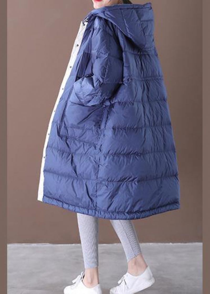 Manteau En Duvet D'oie Bleu Fin Vêtements Grande Taille Vestes De Neige Poches À Capuche De Luxe - Doudounes femmes