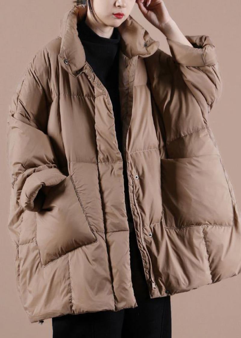 Manteau En Duvet D'oie Chocolat Chaud Veste D'hiver Ample Col Montant Grandes Poches Vêtements D'extérieur Chauds - Noir