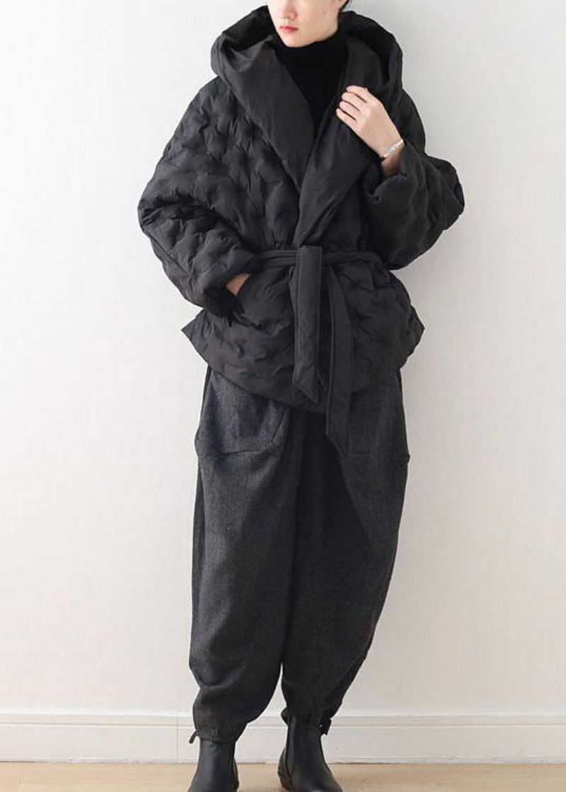 Manteau En Duvet D'oie Noir Fin Pour Femme Surdimensionné À Capuche Parka Avec Lien À La Taille Vestes Chaudes - Doudounes femmes