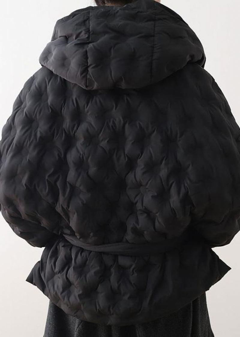 Manteau En Duvet D'oie Noir Fin Pour Femme Surdimensionné À Capuche Parka Avec Lien À La Taille Vestes Chaudes - Doudounes femmes