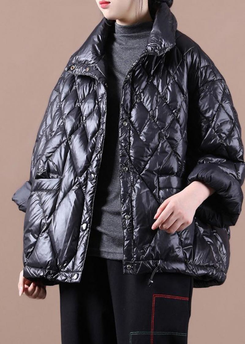 Manteau En Duvet D'oie Noir De Luxe Vestes De Neige Amples Col Montant Boutonné Nouvelles - Noir