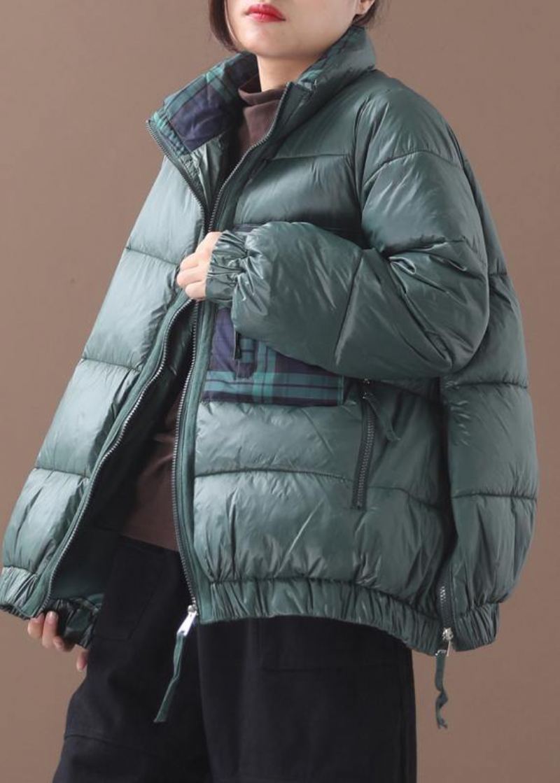 Manteau En Duvet D'oie Vert Fin Veste D'hiver Ample Patchwork À Carreaux Vestes À Fermeture Éclair Latérale