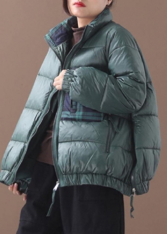 Manteau En Duvet D'oie Vert Fin Veste D'hiver Ample Patchwork À Carreaux Vestes À Fermeture Éclair Latérale