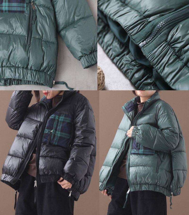 Manteau En Duvet D'oie Vert Fin Veste D'hiver Ample Patchwork À Carreaux Vestes À Fermeture Éclair Latérale - Doudounes femmes