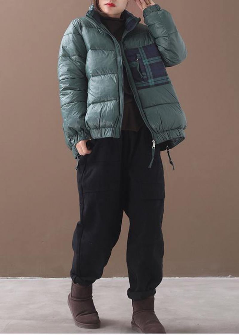 Manteau En Duvet D'oie Vert Fin Veste D'hiver Ample Patchwork À Carreaux Vestes À Fermeture Éclair Latérale - Doudounes femmes