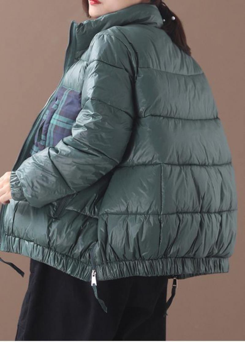 Manteau En Duvet D'oie Vert Fin Veste D'hiver Ample Patchwork À Carreaux Vestes À Fermeture Éclair Latérale - Doudounes femmes