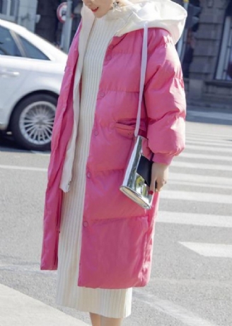 Manteau En Duvet Rose Chaud Hiver Doudoune Ample À Capuche Cordon Manteaux Fins