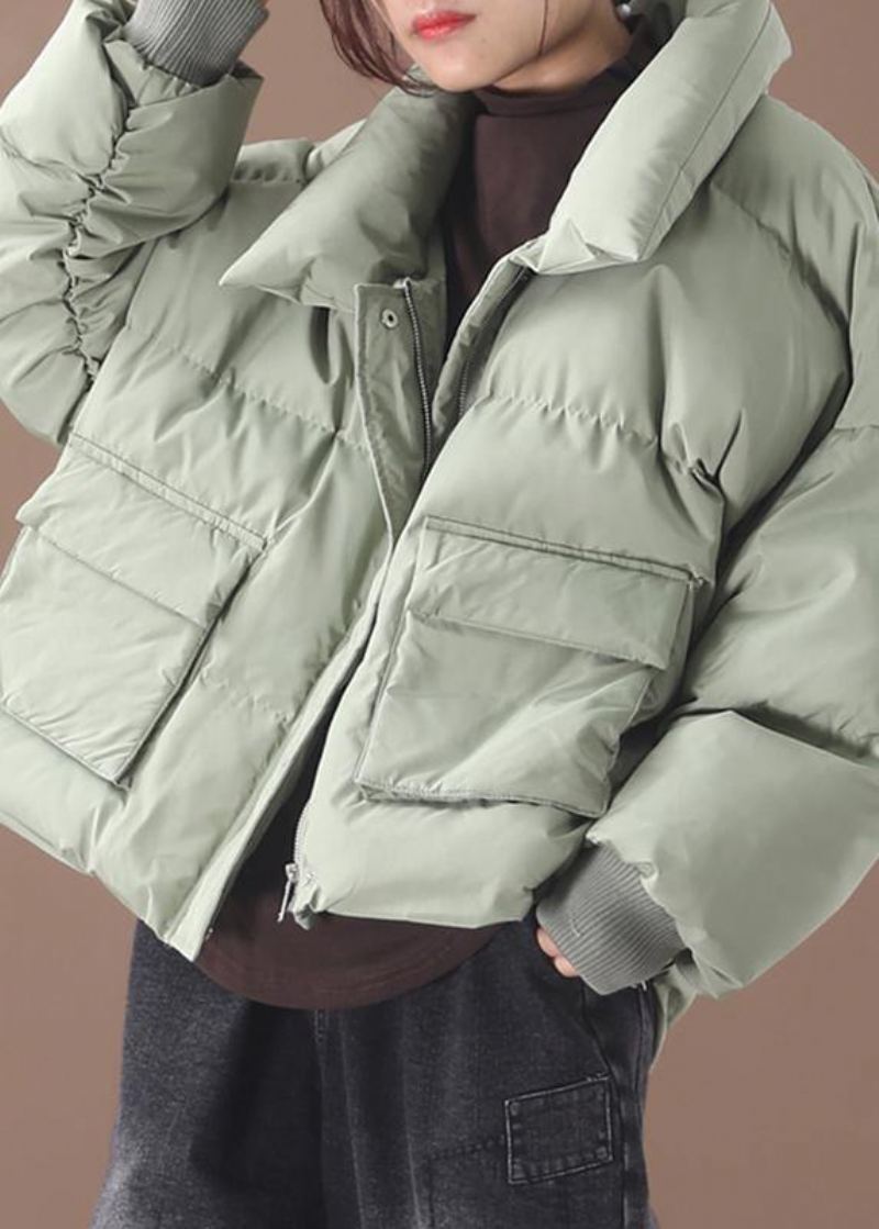 Manteau En Duvet Vert Décontracté Doudoune Tendance Grande Taille Deux Poches Col Montant Vestes D'hiver