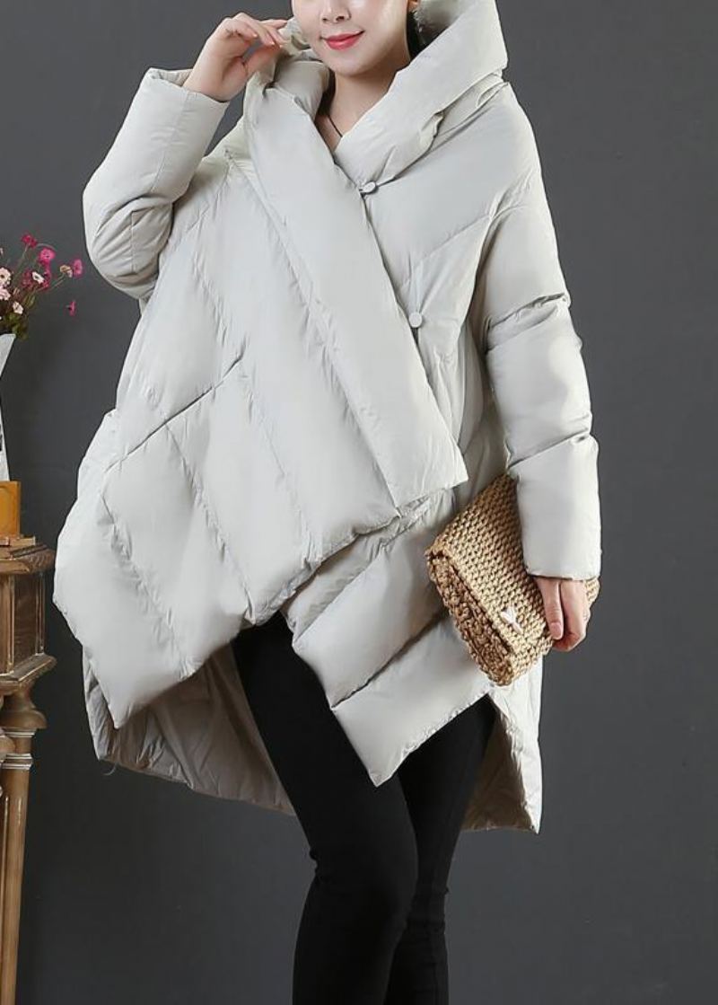 Manteau Élégant En Duvet D'oie Gris Clair Grande Taille Vestes De Neige À Capuche Asymétriques Manteaux Chauds - Gris Clair