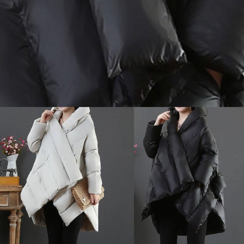 Manteau Élégant En Duvet D'oie Gris Clair Grande Taille Vestes De Neige À Capuche Asymétriques Manteaux Chauds - Gris Clair