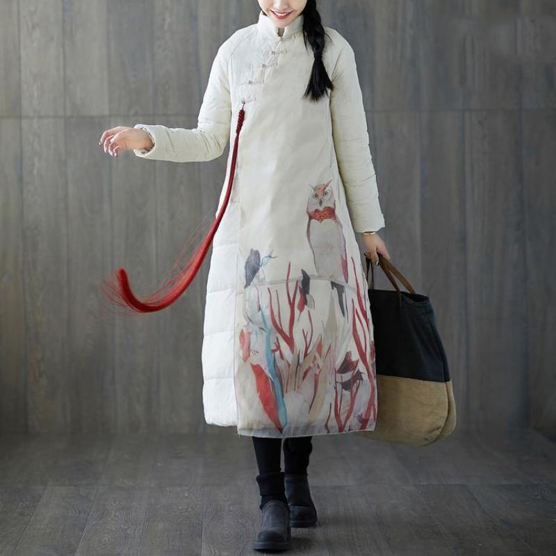 Manteau Épais Imprimé Blanc Grande Taille Col Montant Patchwork Décontracté Boutonné Chinois