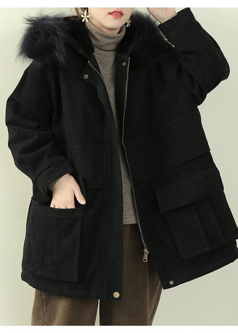 Manteau Épais Noir Fin Doudoune Grande Taille Avec Col En Fausse Fourrure Manteaux D'hiver