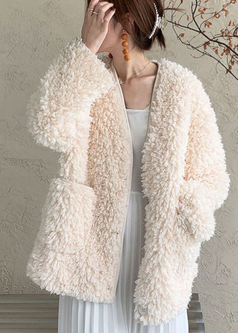 Manteau En Fausse Fourrure Blanc Ajusté Avec Poches À Col En V Vêtements D'extérieur D'hiver