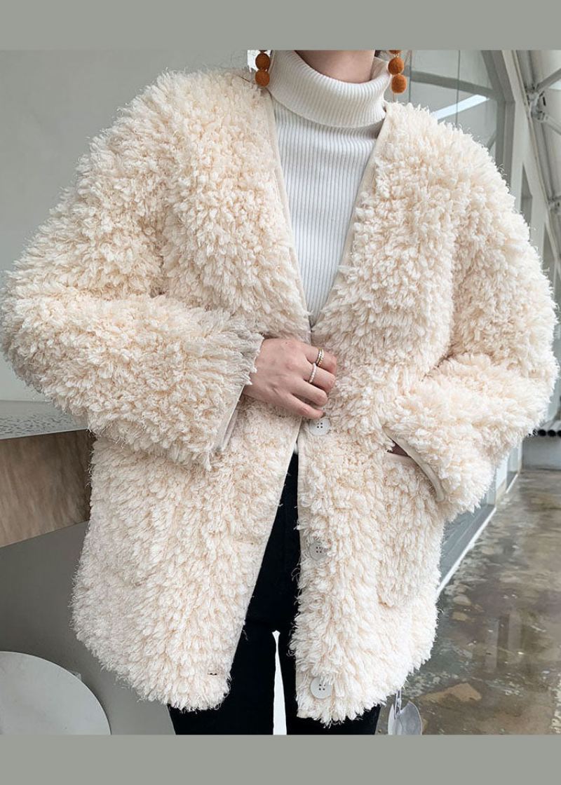 Manteau En Fausse Fourrure Blanc Ajusté Avec Poches À Col En V Vêtements D'extérieur D'hiver - Doudounes femmes