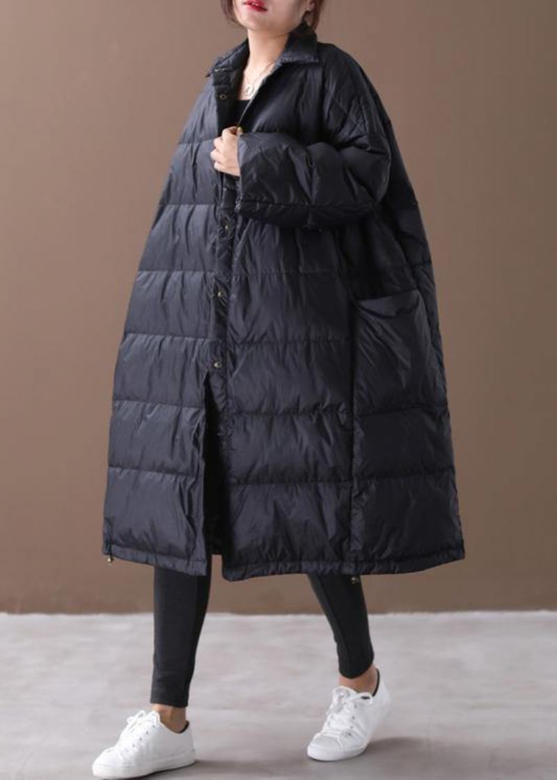 Manteau Fin En Duvet D'oie Noir Veste D'hiver Grande Taille Col Montant Grandes Poches Pardessus - Doudounes femmes