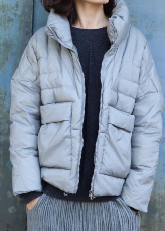 Manteau Gris Chaud Grande Taille Veste D'hiver Col Montant Grandes Poches Vêtements D'extérieur Courts