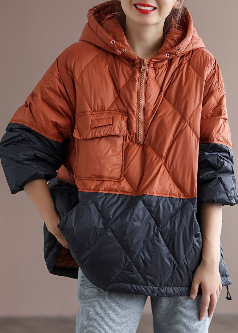 Manteau D'hiver Ample À Capuche Noir Style Boho Orange Patchwork