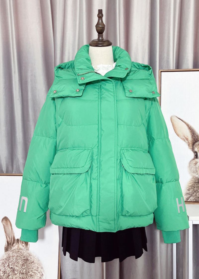 Manteau D'hiver À Capuche Amovible En Duvet De Canard Avec Col Peter Pan Vert Moderne Fermeture Éclair Et Bouton