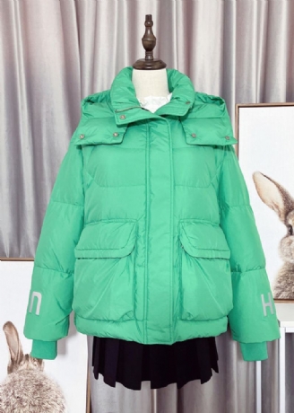 Manteau D'hiver À Capuche Amovible En Duvet De Canard Avec Col Peter Pan Vert Moderne Fermeture Éclair Et Bouton