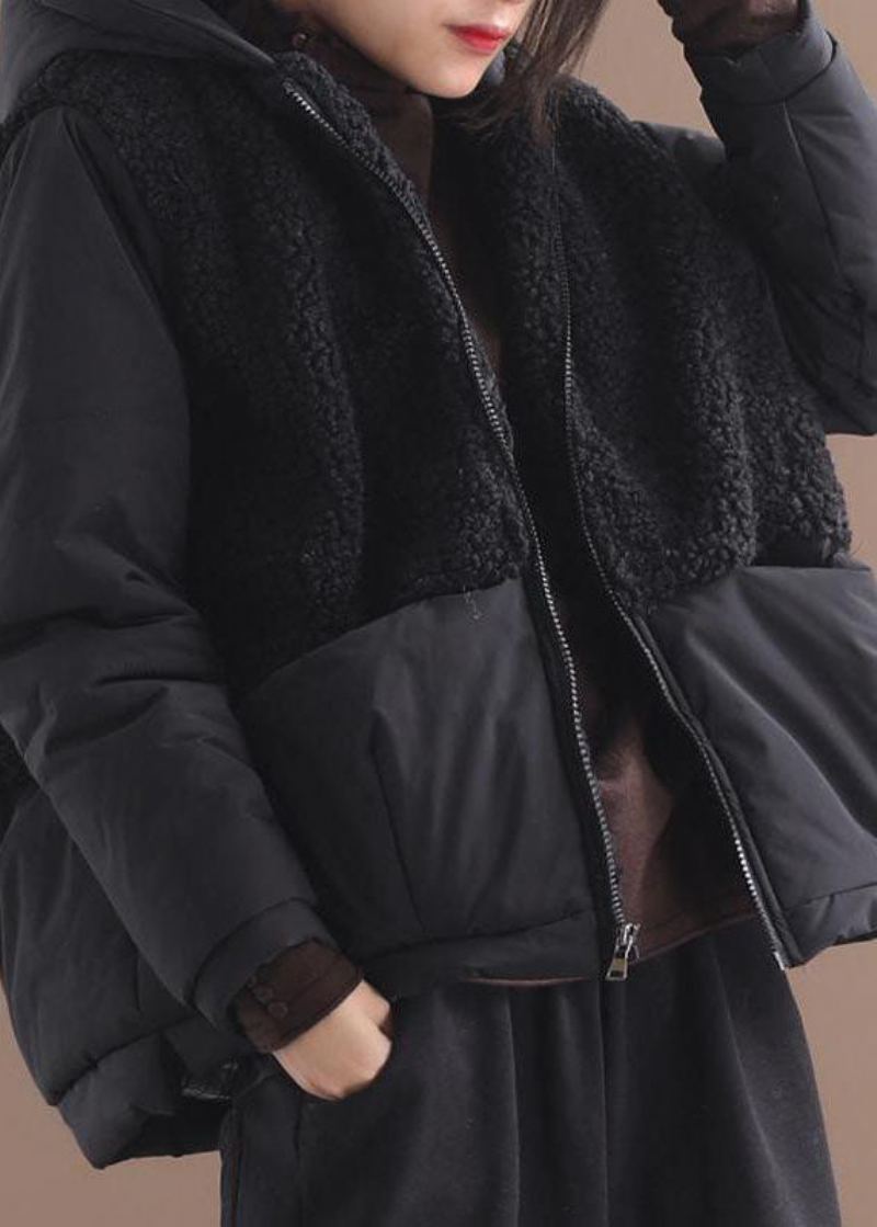 Manteau D'hiver À Capuche Noir À Manches Longues Et Fermeture Éclair En Patchwork