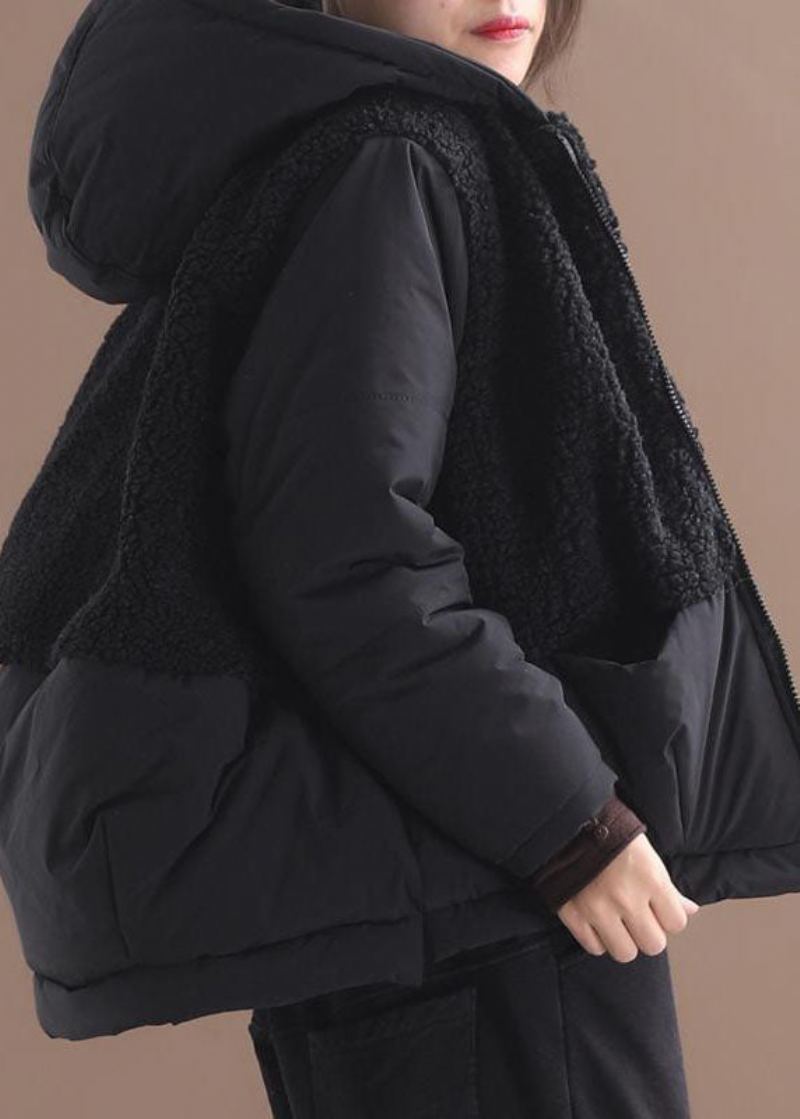 Manteau D'hiver À Capuche Noir À Manches Longues Et Fermeture Éclair En Patchwork - Doudounes femmes