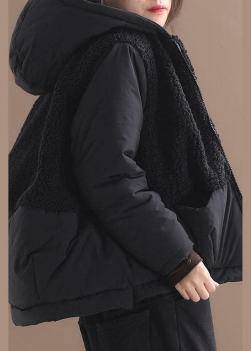 Manteau D'hiver À Capuche Noir À Manches Longues Et Fermeture Éclair En Patchwork - Doudounes femmes