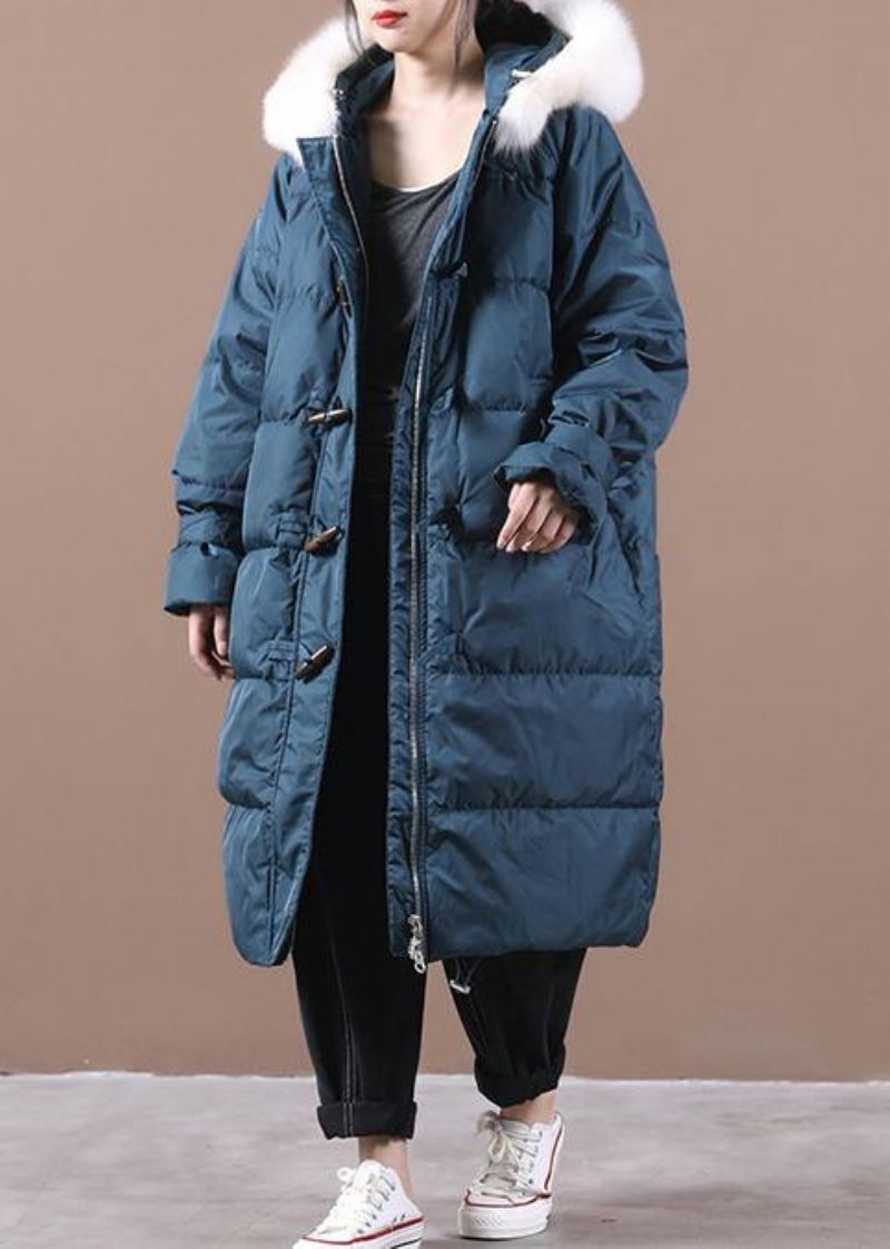 Manteau D'hiver Chaud Bleu De Luxe Poches De Grande Taille Vestes De Neige À Capuche Et Col En Fourrure Élégantes