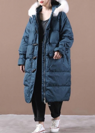 Manteau D'hiver Chaud Bleu De Luxe Poches De Grande Taille Vestes De Neige À Capuche Et Col En Fourrure Élégantes